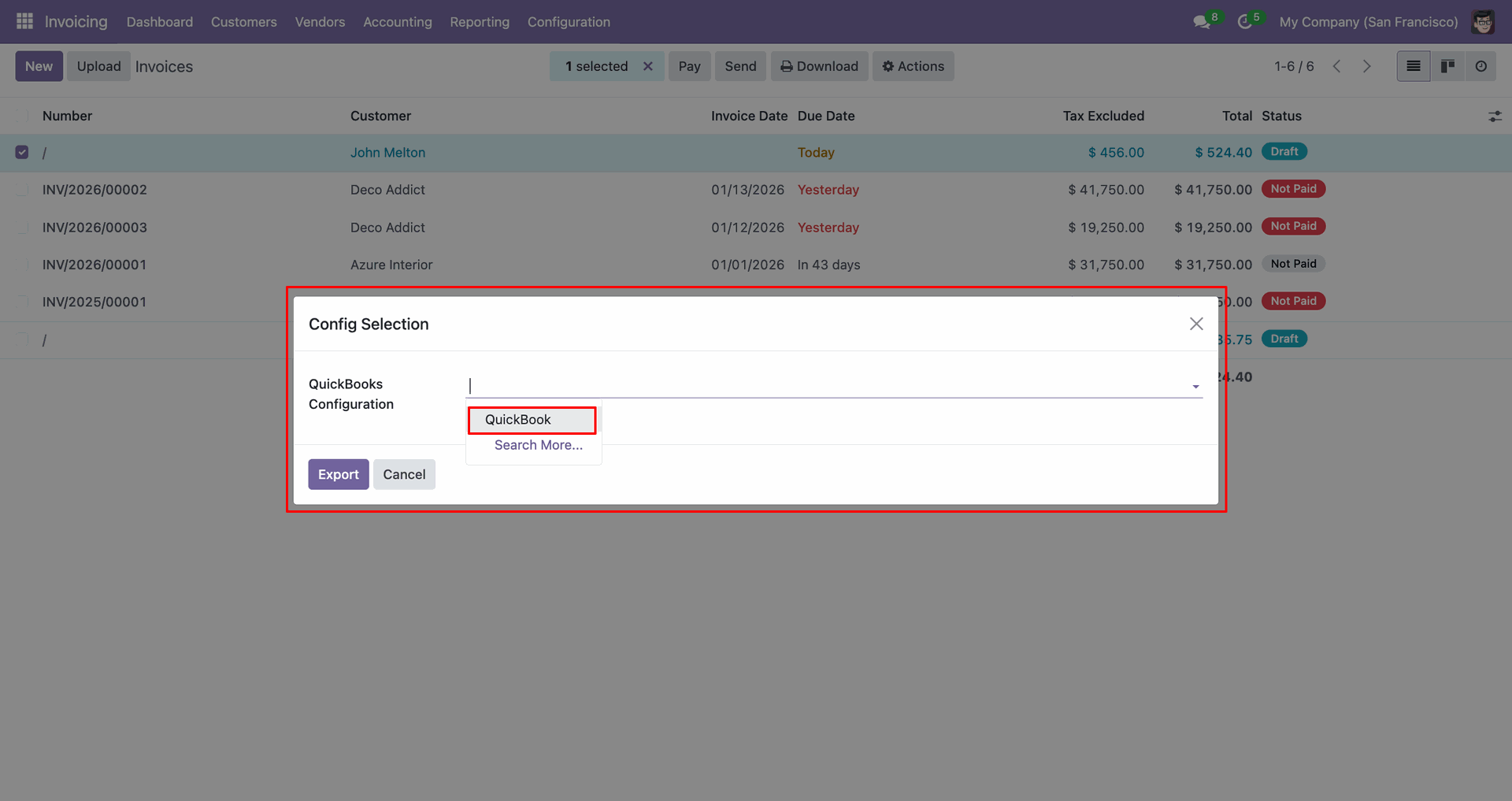 Invoice export configuration popup.