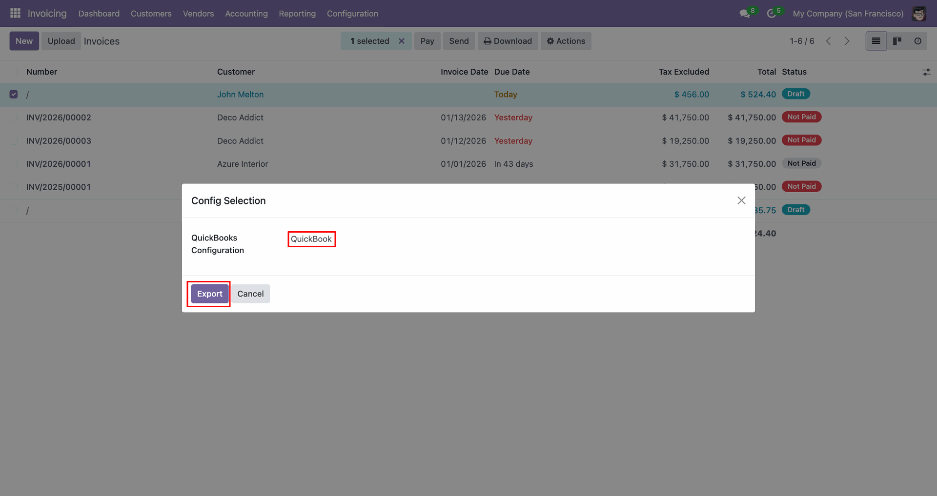 QuickBooks selected for invoice export.