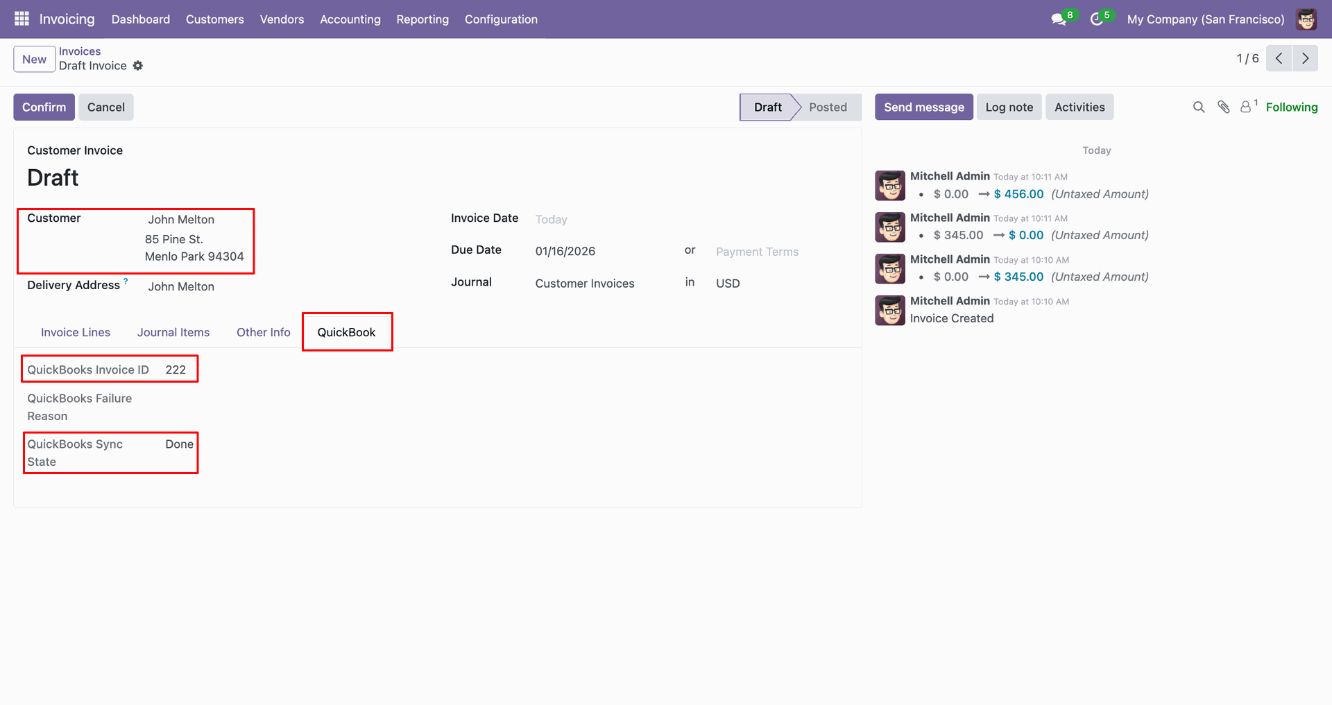 Invoice form showing QuickBooks ID and sync status.