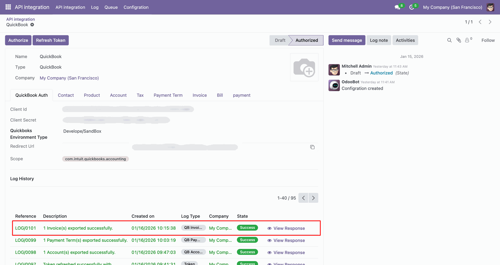 Invoice synchronization log with QuickBooks records.