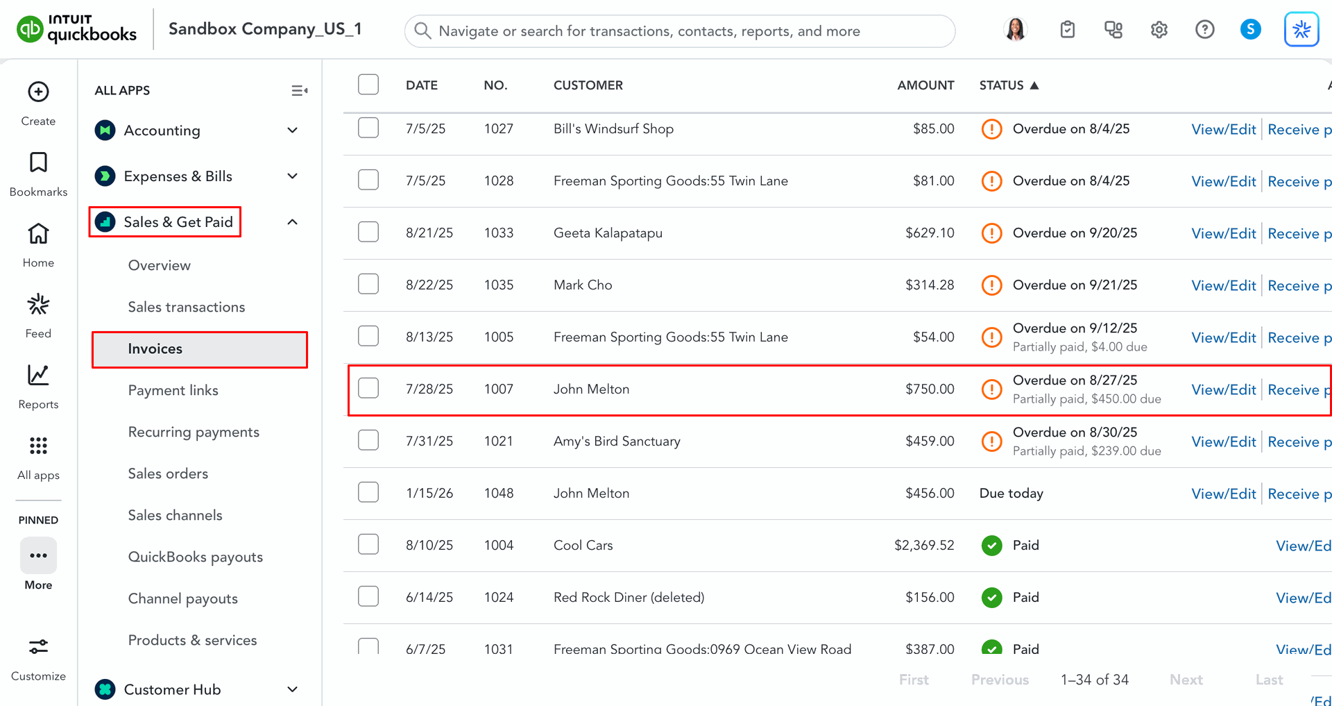 Invoices displayed in QuickBooks.