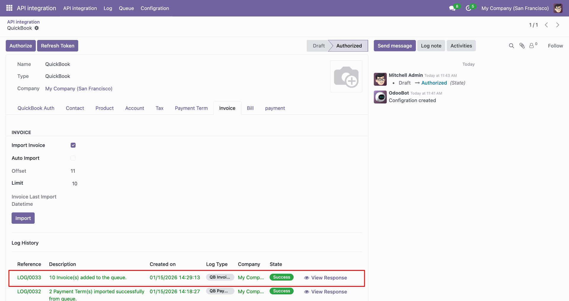 Invoice import log showing imported data.