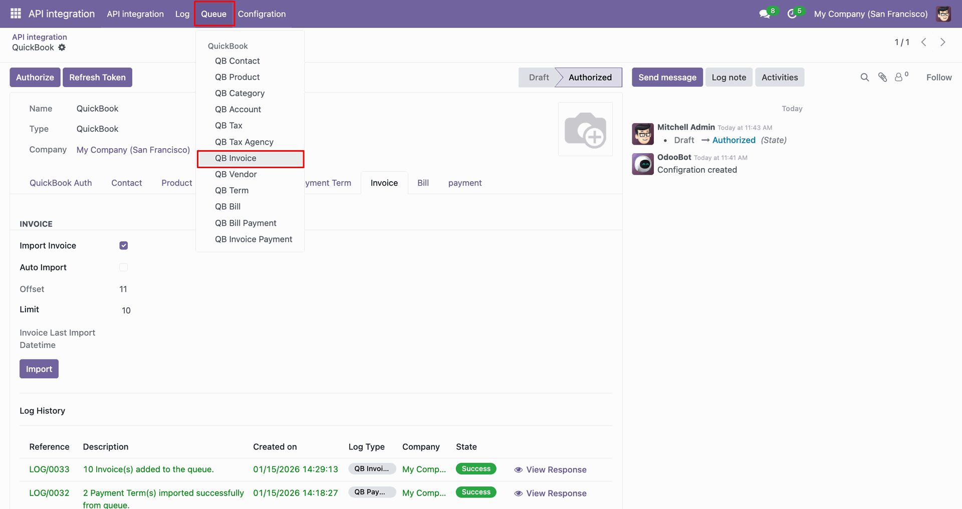 Queue menu showing the QB Invoice option.