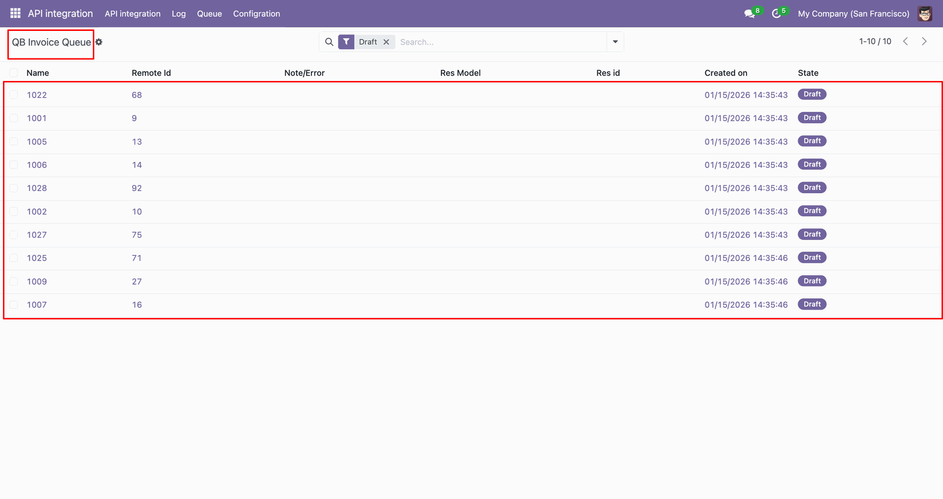 QB Invoice queue showing imported invoice records.
