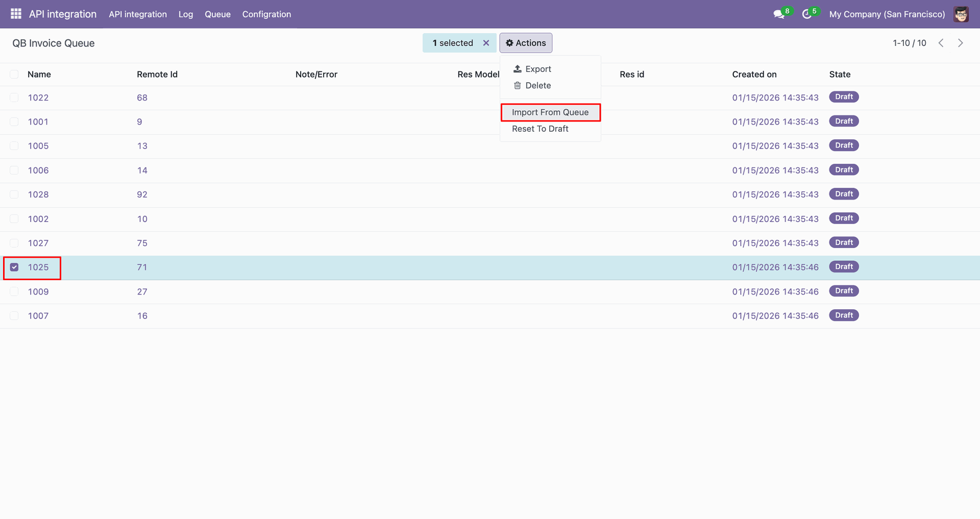 QB Invoice queue with the Import action selected.