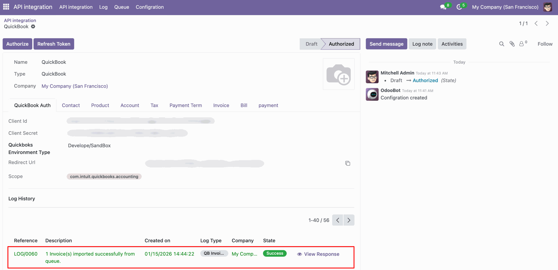 Invoice synchronization log showing imported data.