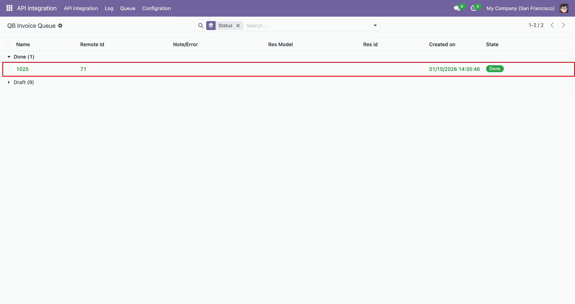 QB Invoice queue grouped by result.