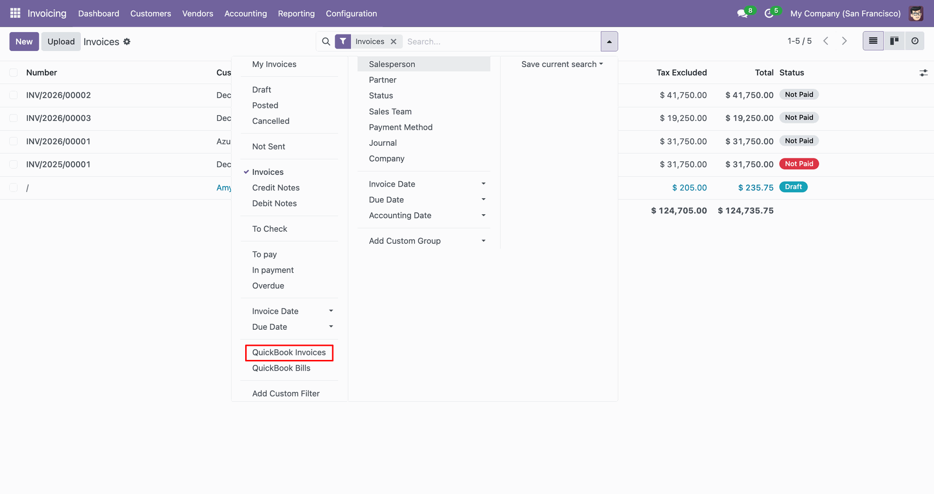 QuickBooks invoice filter options.