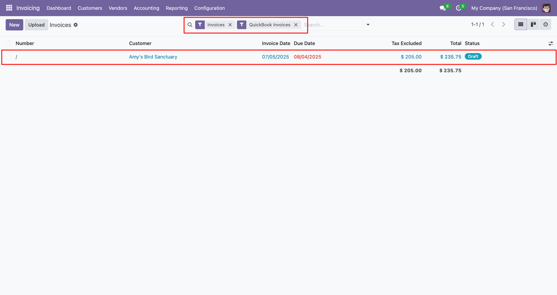 Filtered QuickBooks invoice results.