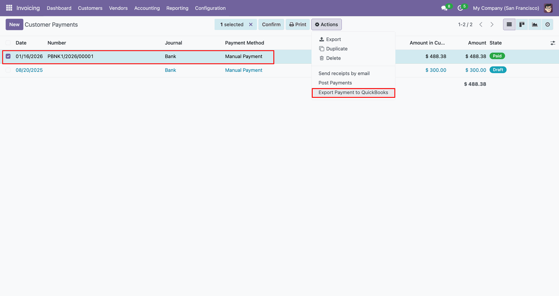 Customer payments list with the export action.