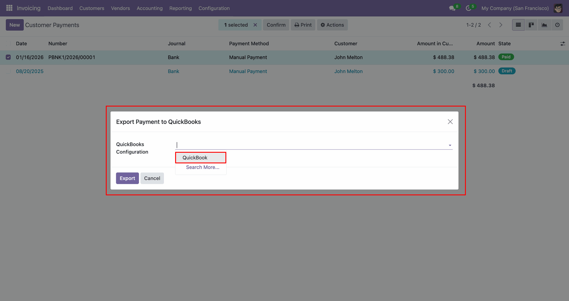 QuickBooks payment export configuration popup.