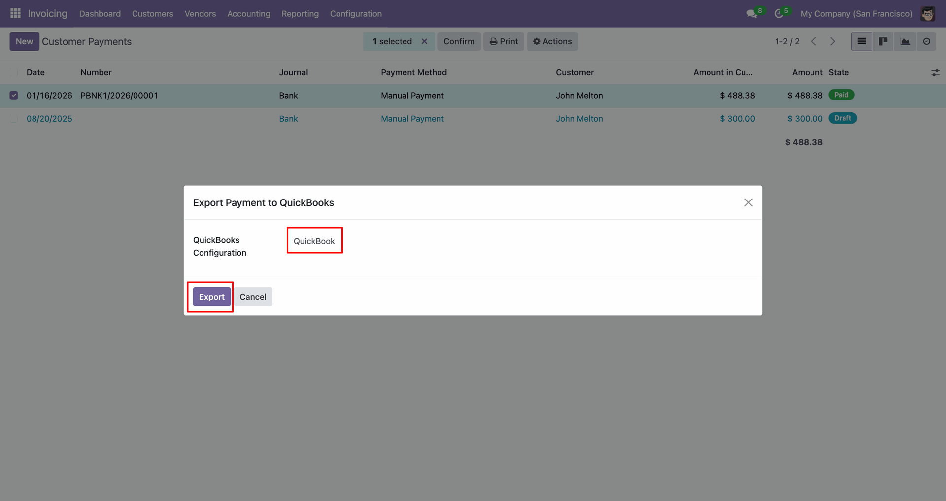 QuickBooks selected for payment export.
