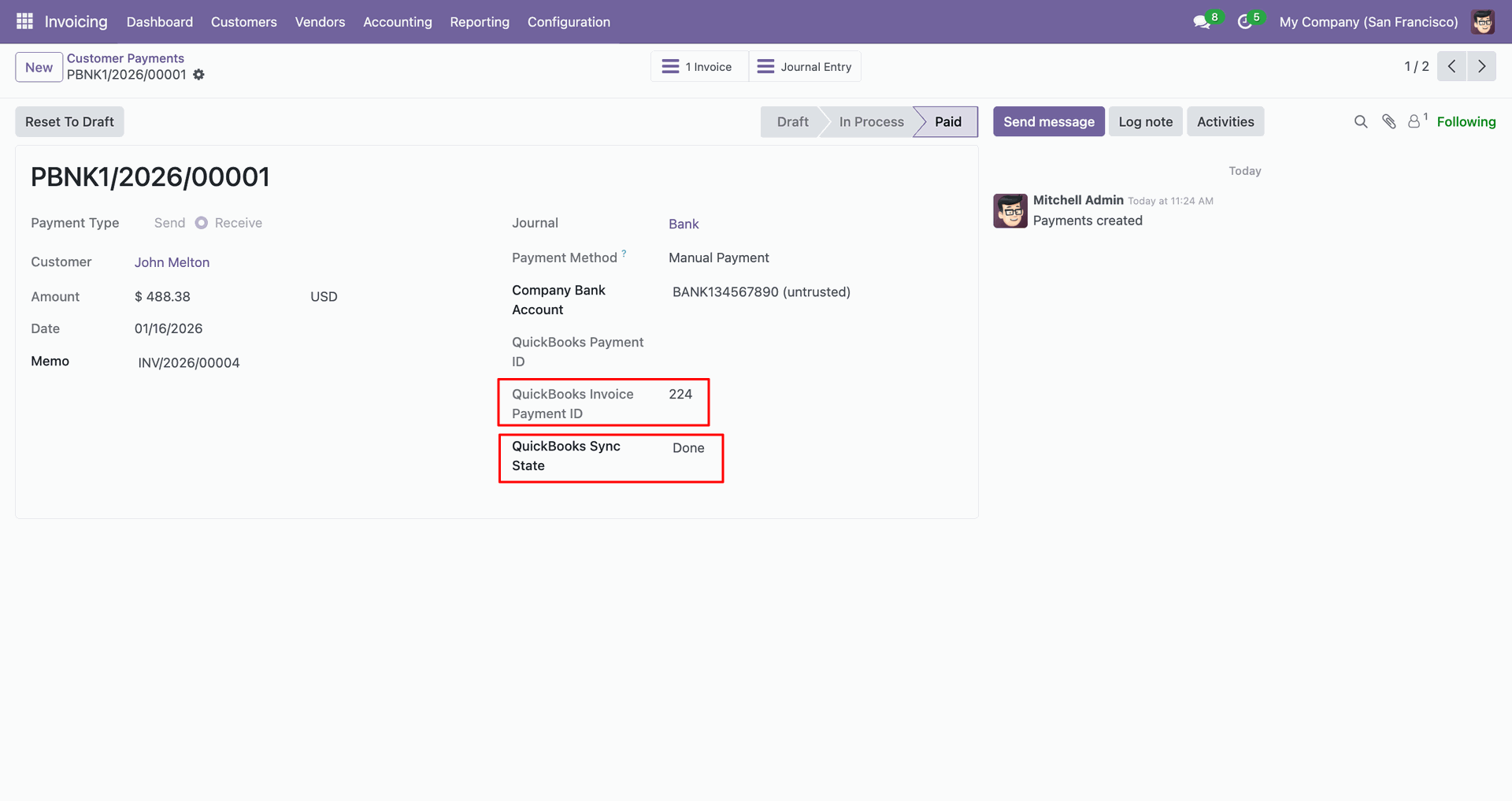Payment form showing QuickBooks ID and sync status.