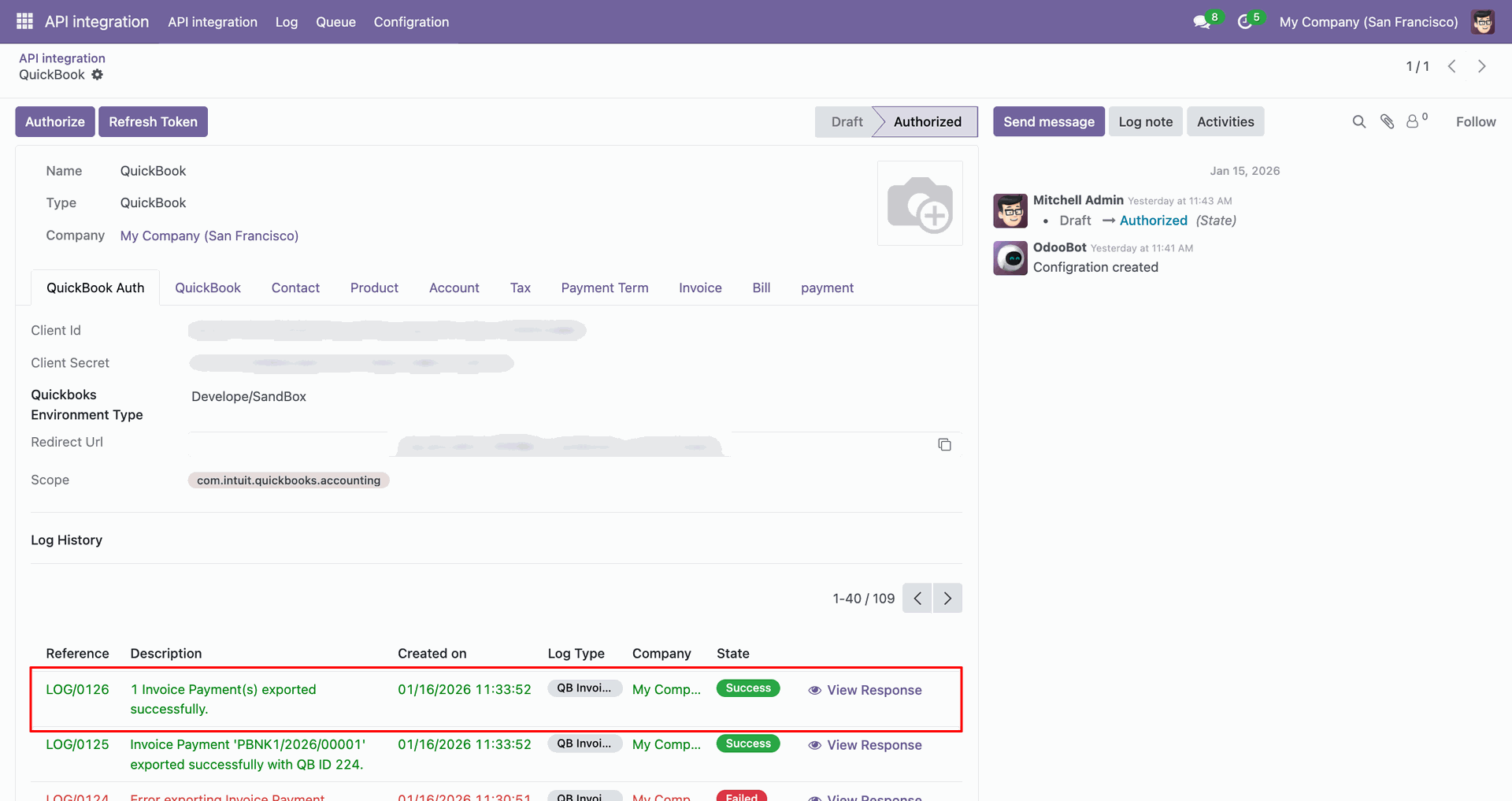 Payment synchronization log with export details.
