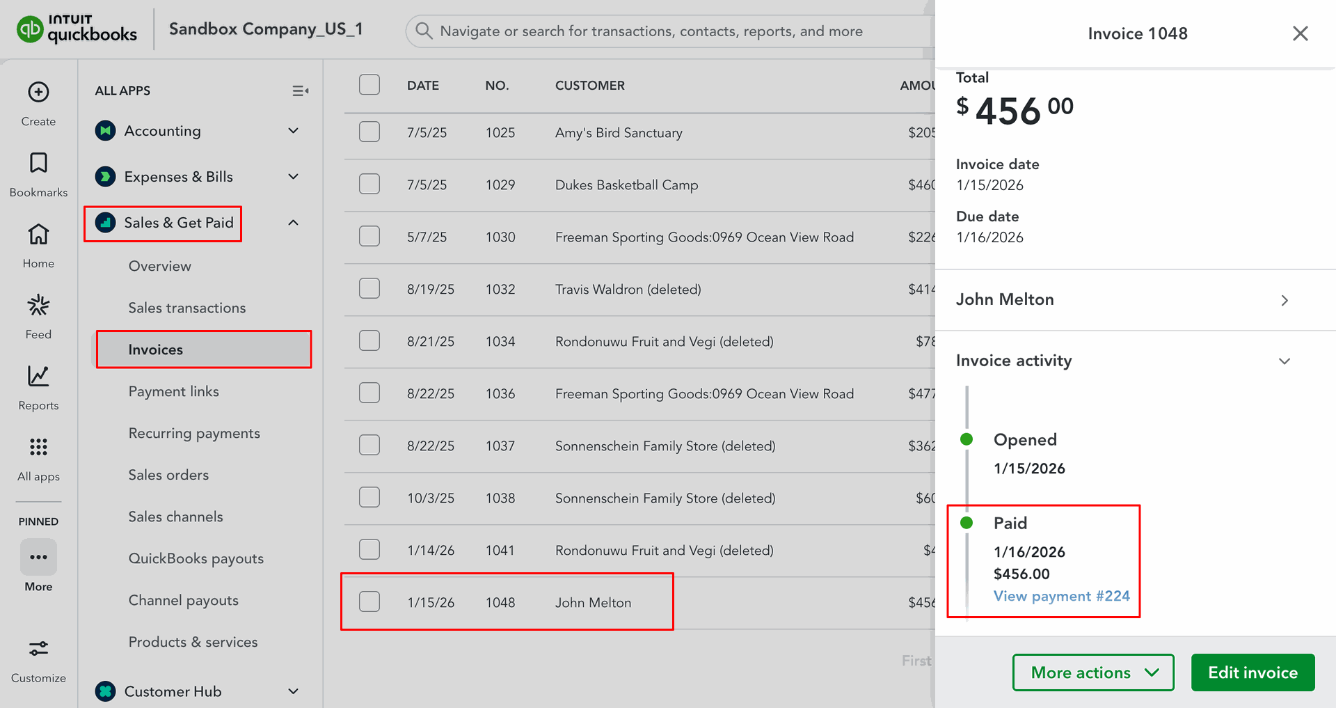 Payment details displayed in QuickBooks.