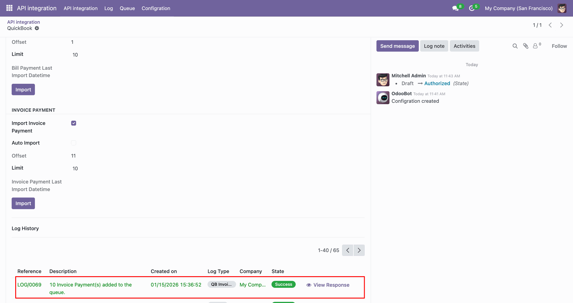 Invoice payment import log showing synced data.