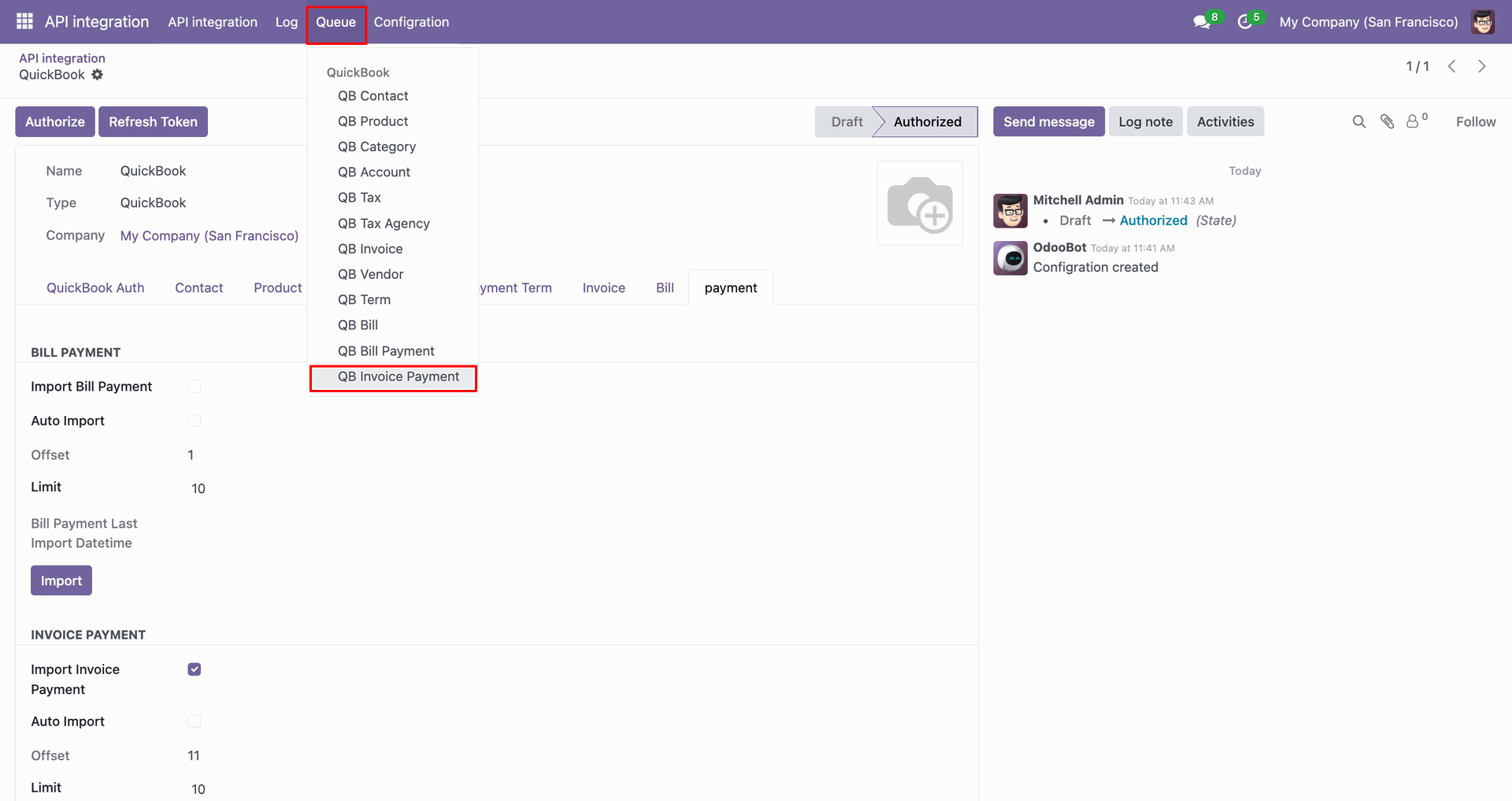 QB Invoice Payment option in the Queue menu.
