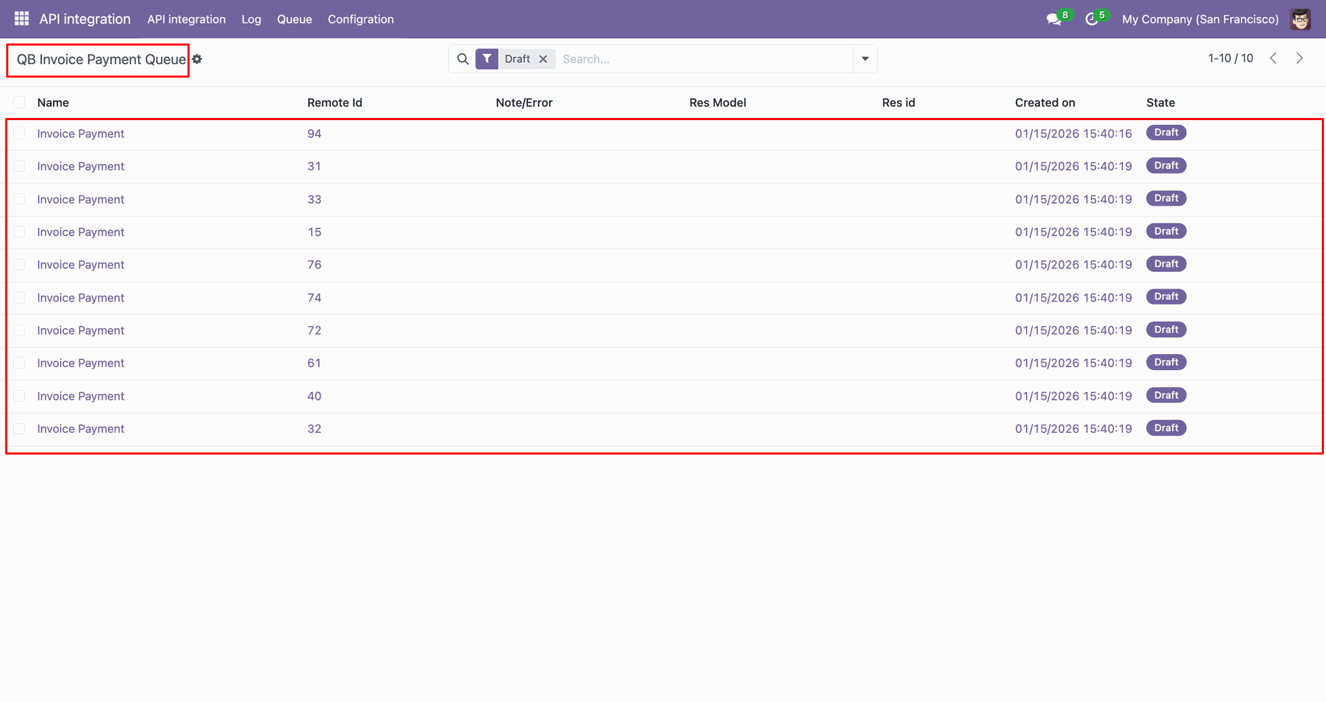 QB Invoice Payment queue showing payment records.
