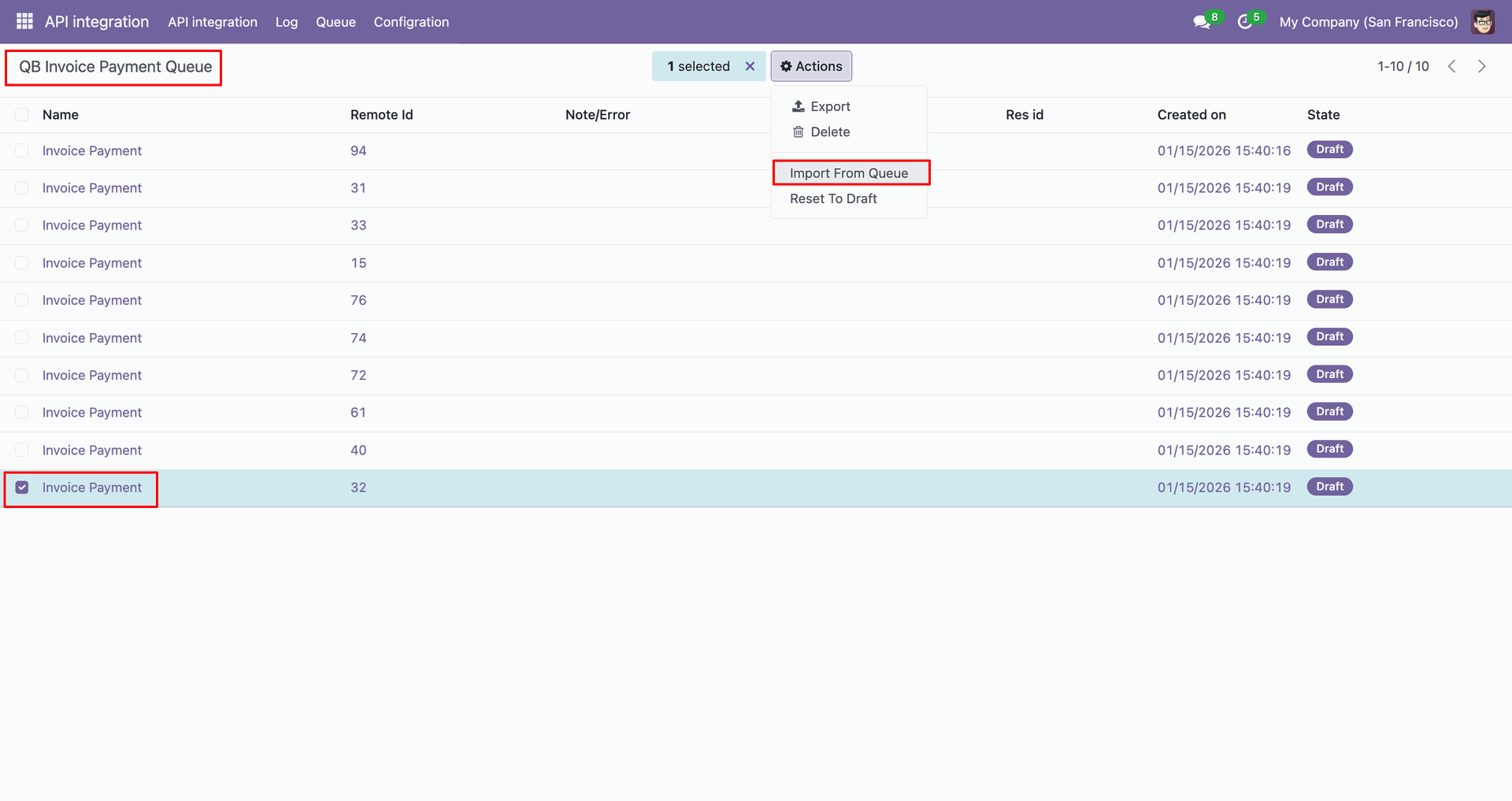 QB Invoice Payment queue with the Import action.