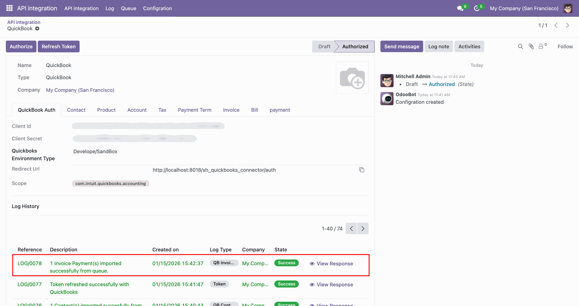 Invoice payment synchronization log with details.