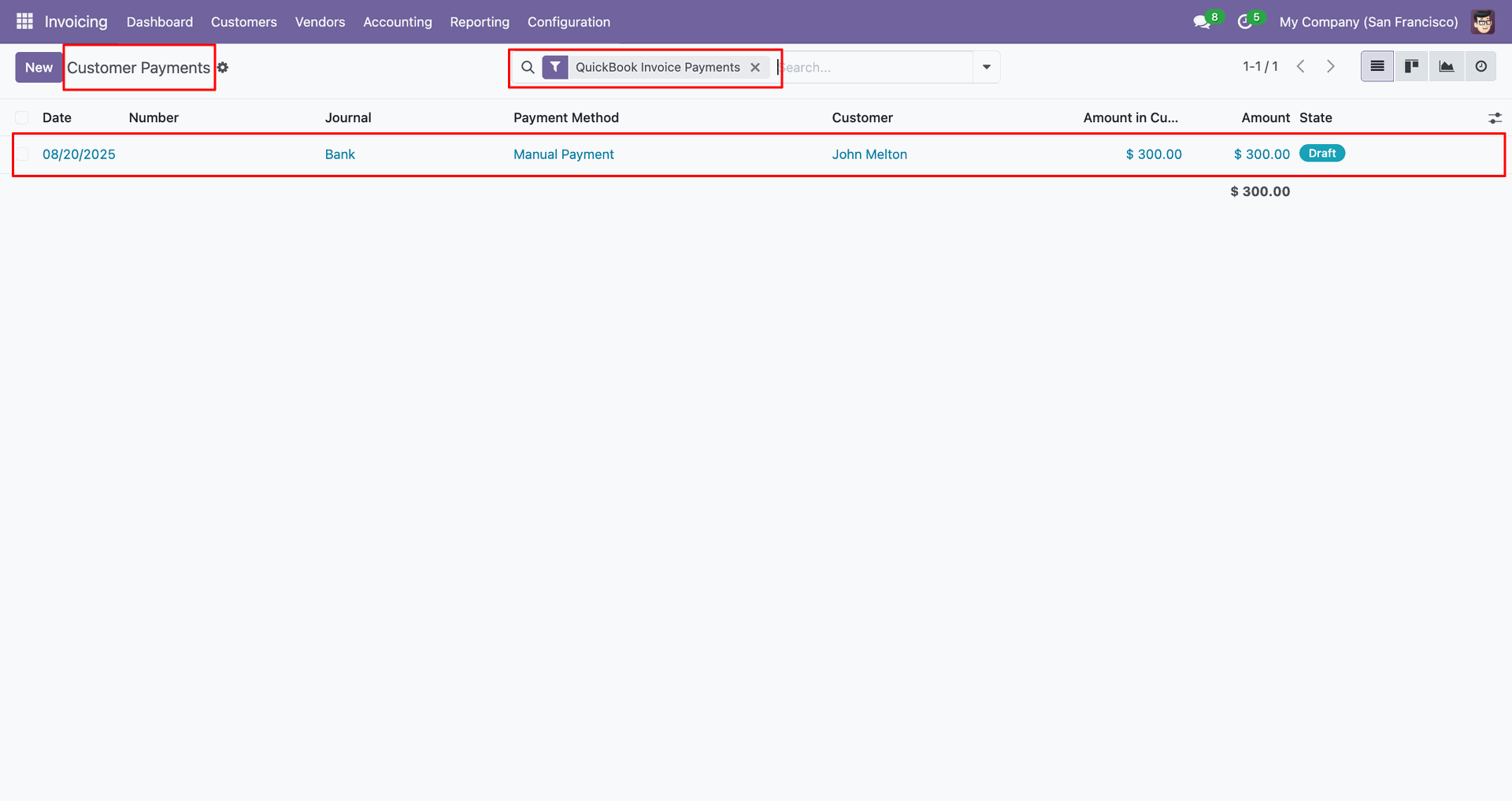 Customer payments filtered by QuickBooks invoice payment.