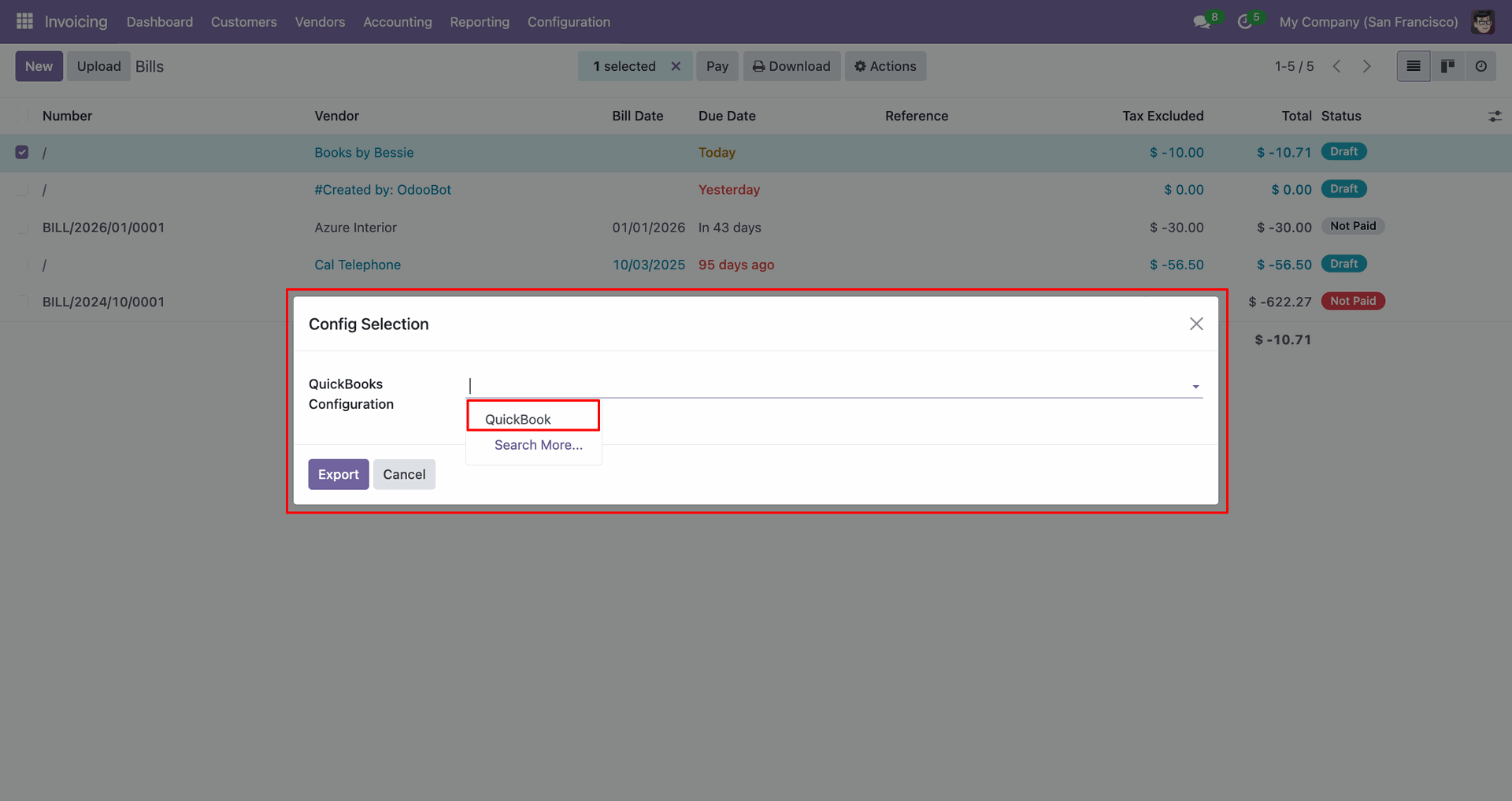 Bill export configuration popup.