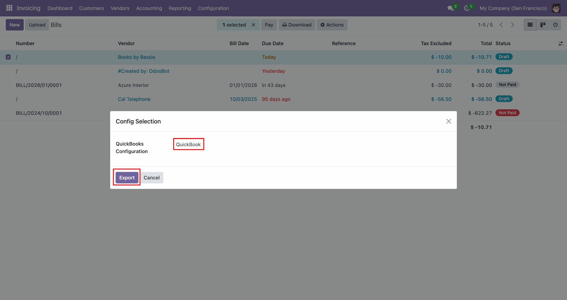 QuickBooks selected for bill export.