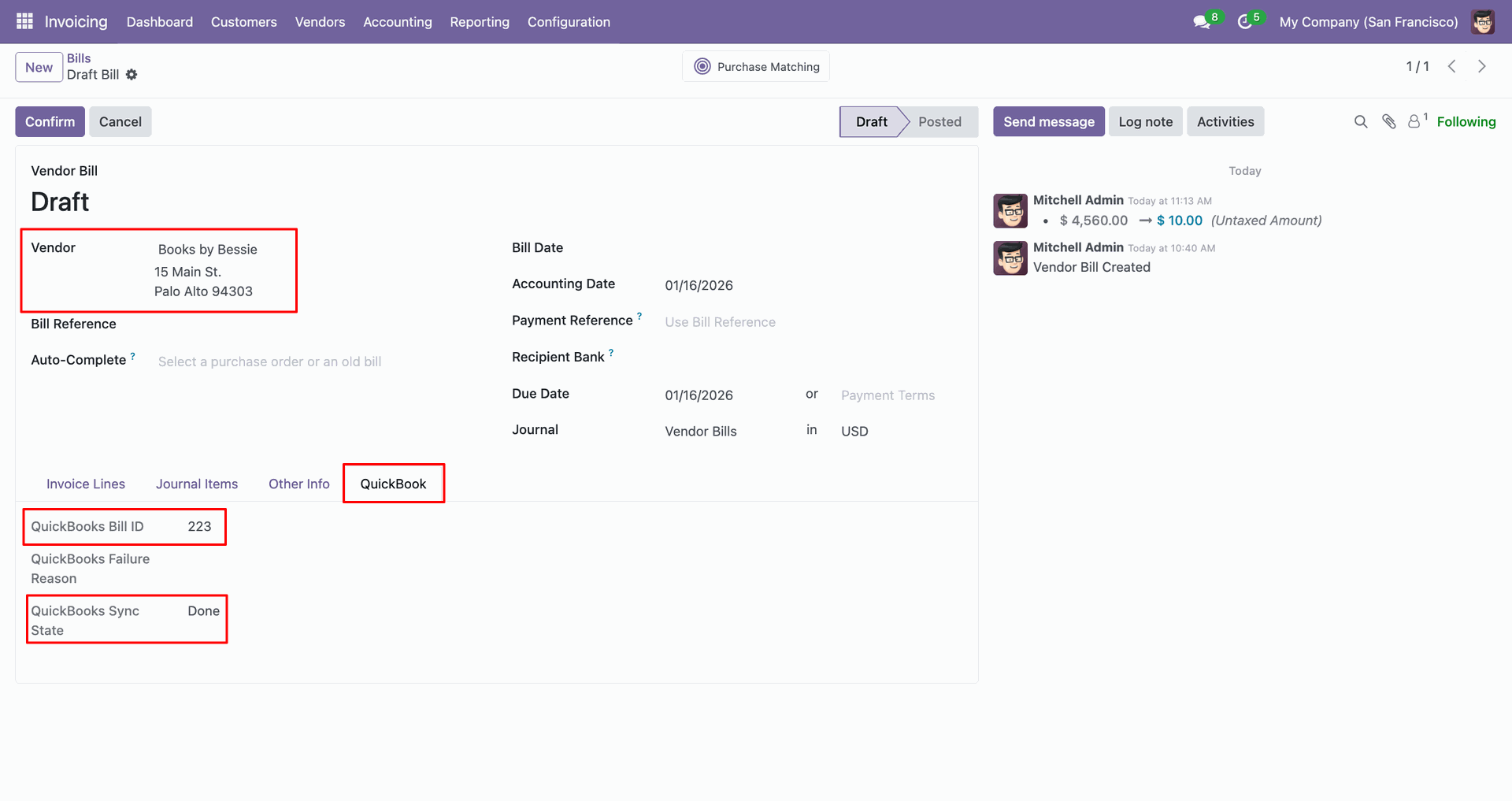 Bill form showing QuickBooks ID and sync status.