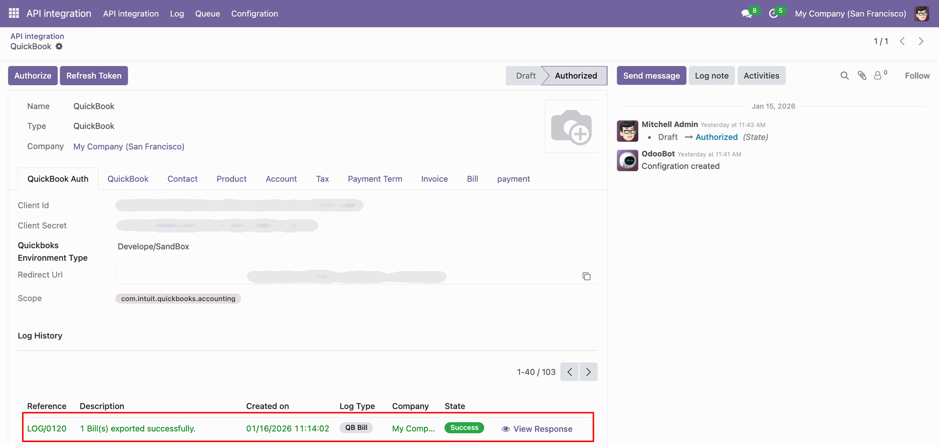 Bill synchronization log with export details.