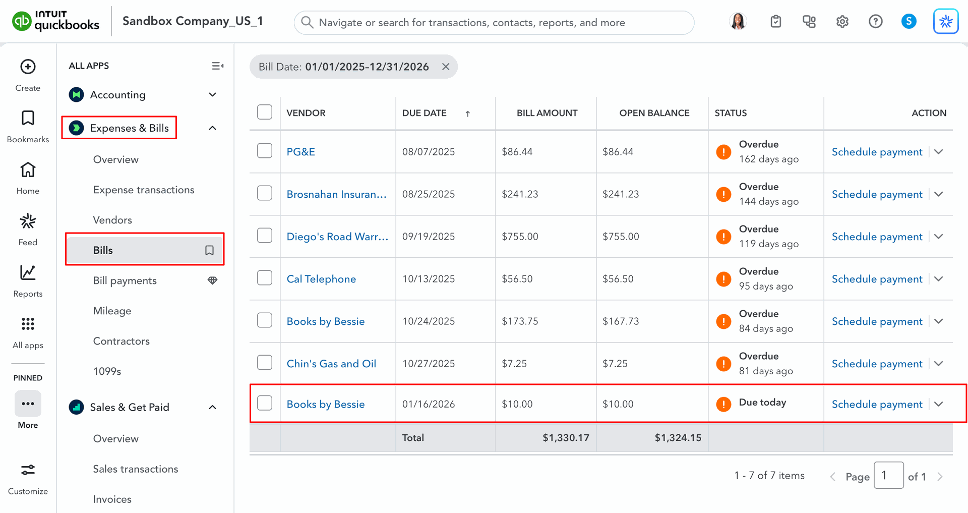 Bills displayed in QuickBooks.