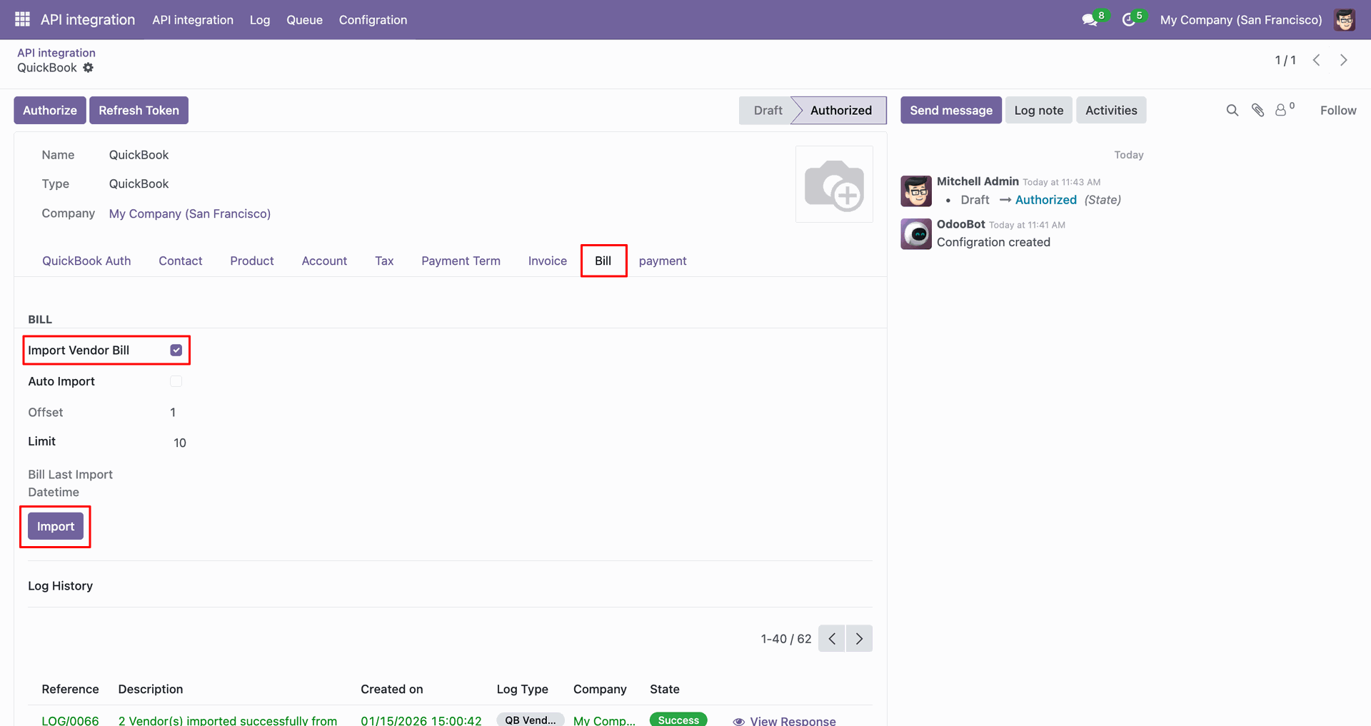 Vendor bill import option with Import button.