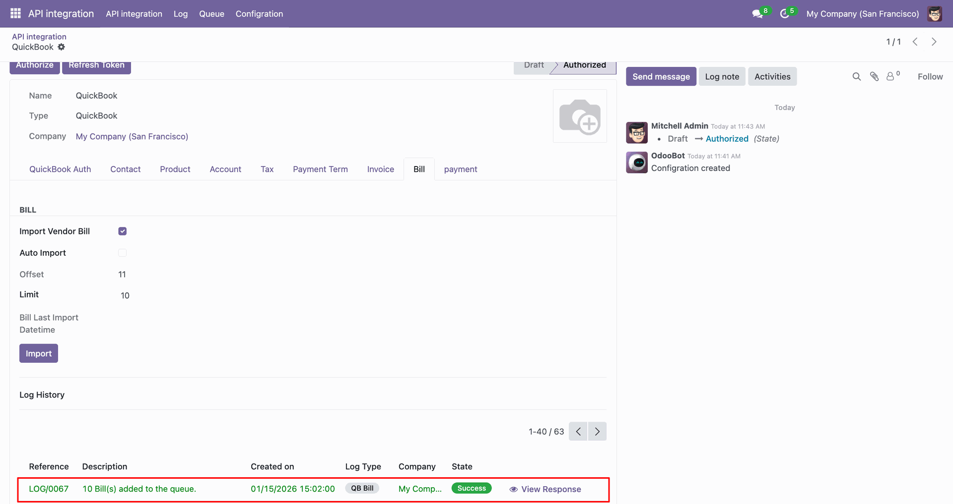 Bill import log showing synced data.