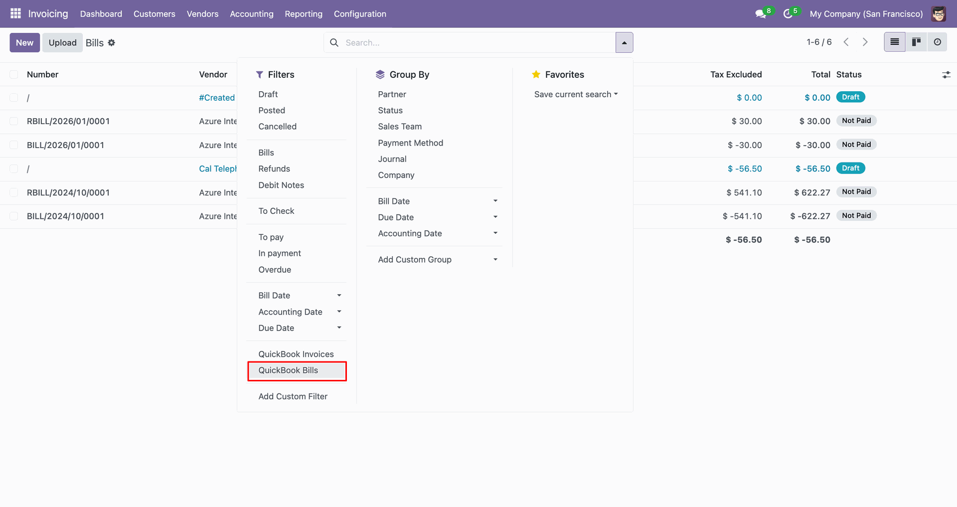 QuickBooks bill filter options.