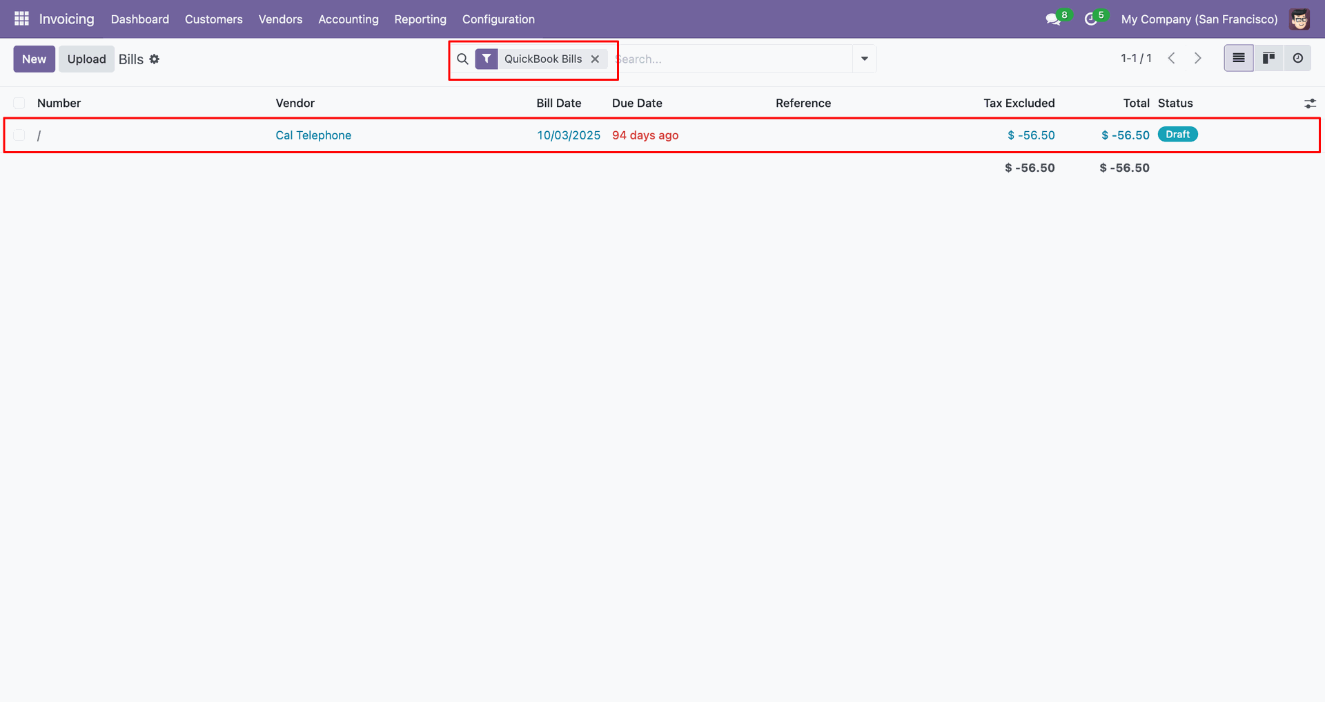 Filtered QuickBooks bill results.