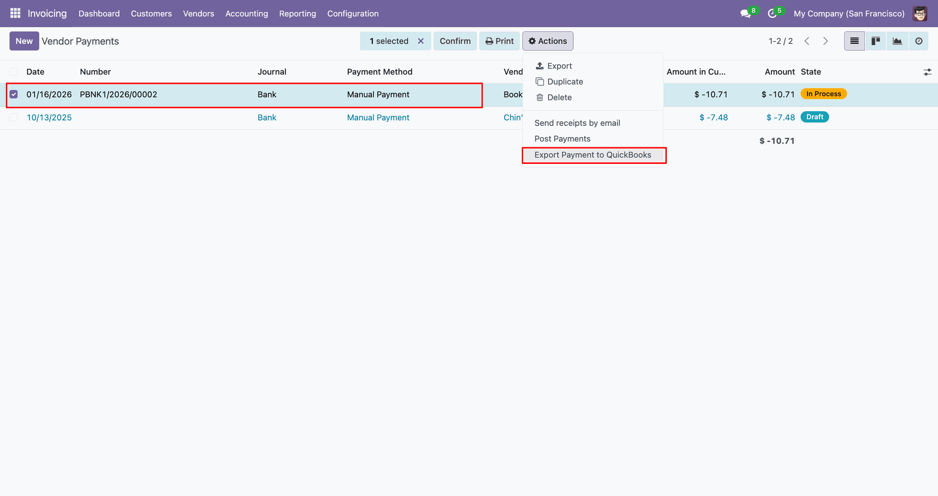 Vendor payments list with the export action.