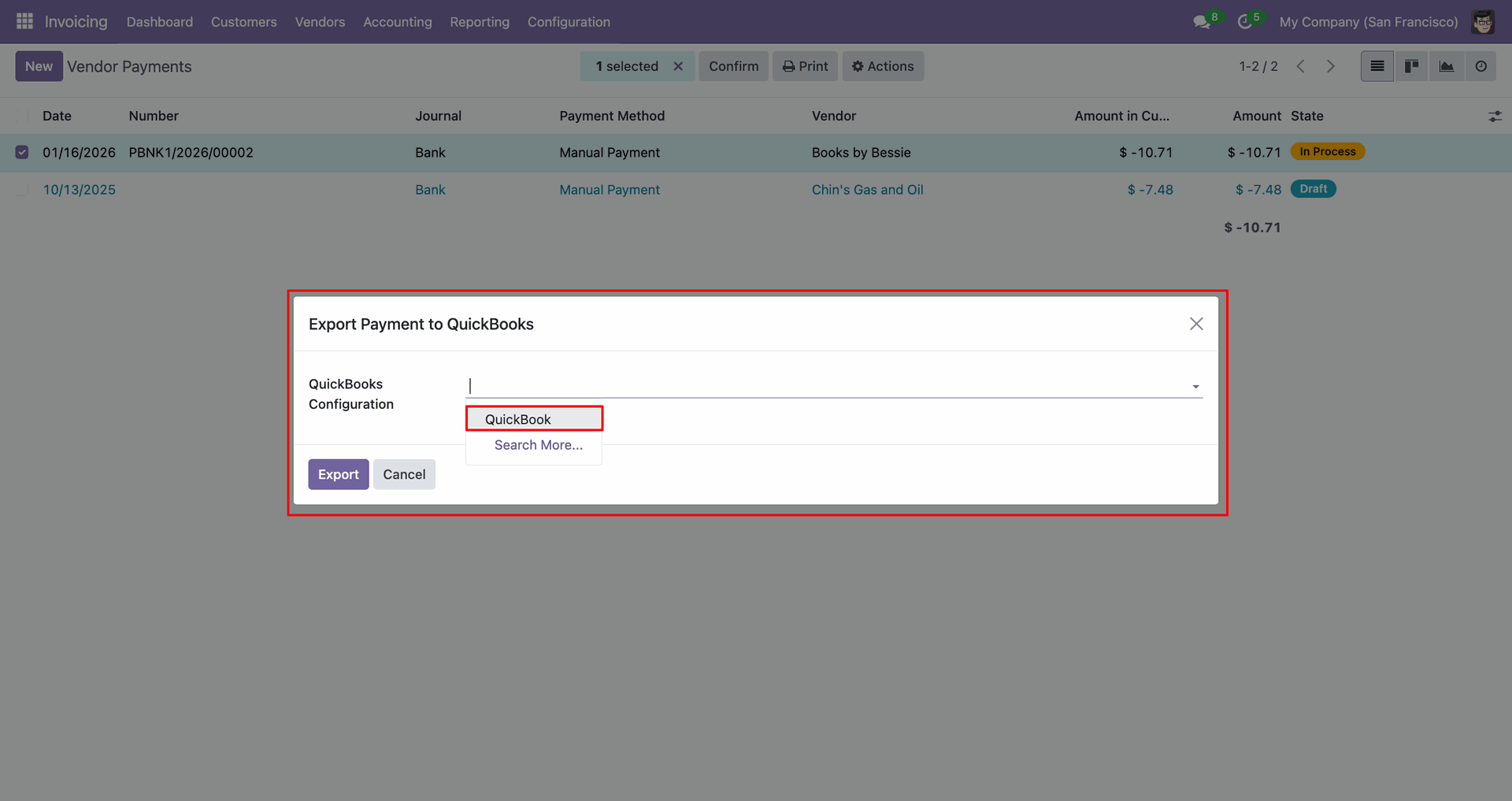 QuickBooks payment export configuration popup.