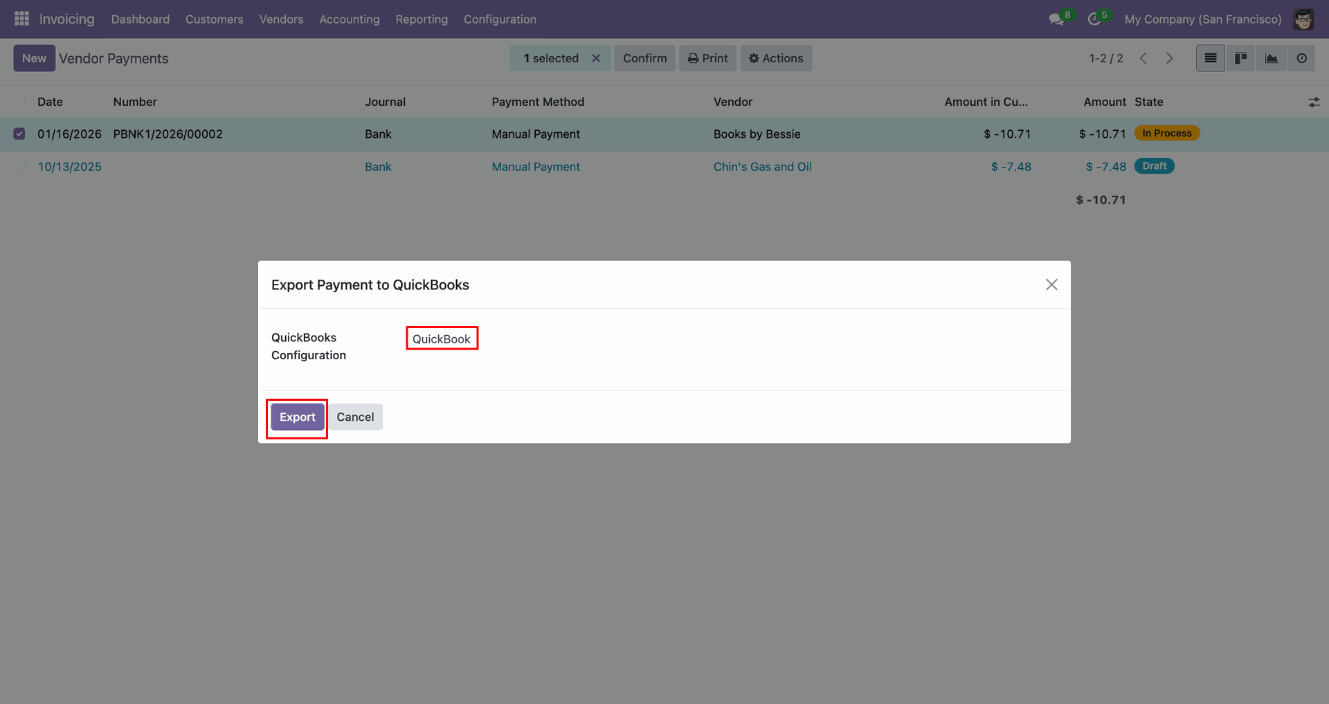 QuickBooks selected for payment export.