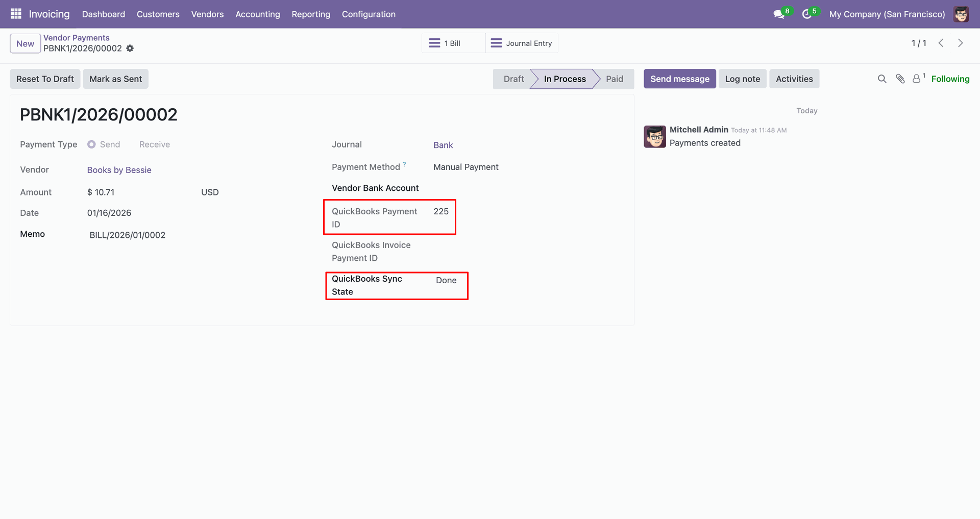 Payment form showing QuickBooks ID and sync status.