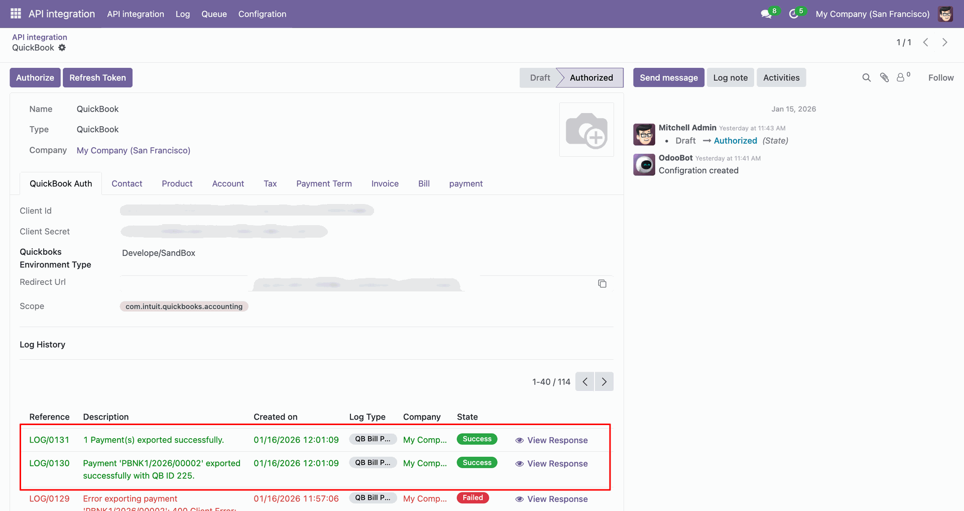 Payment synchronization log with export details.