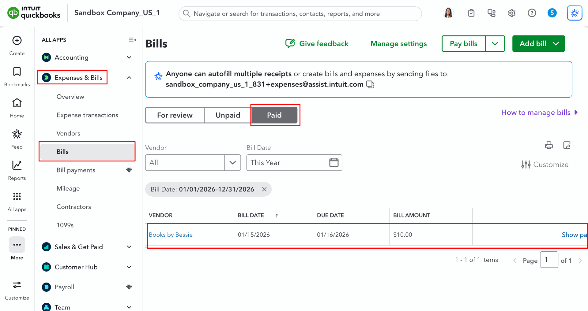 Bills and payments displayed in QuickBooks.