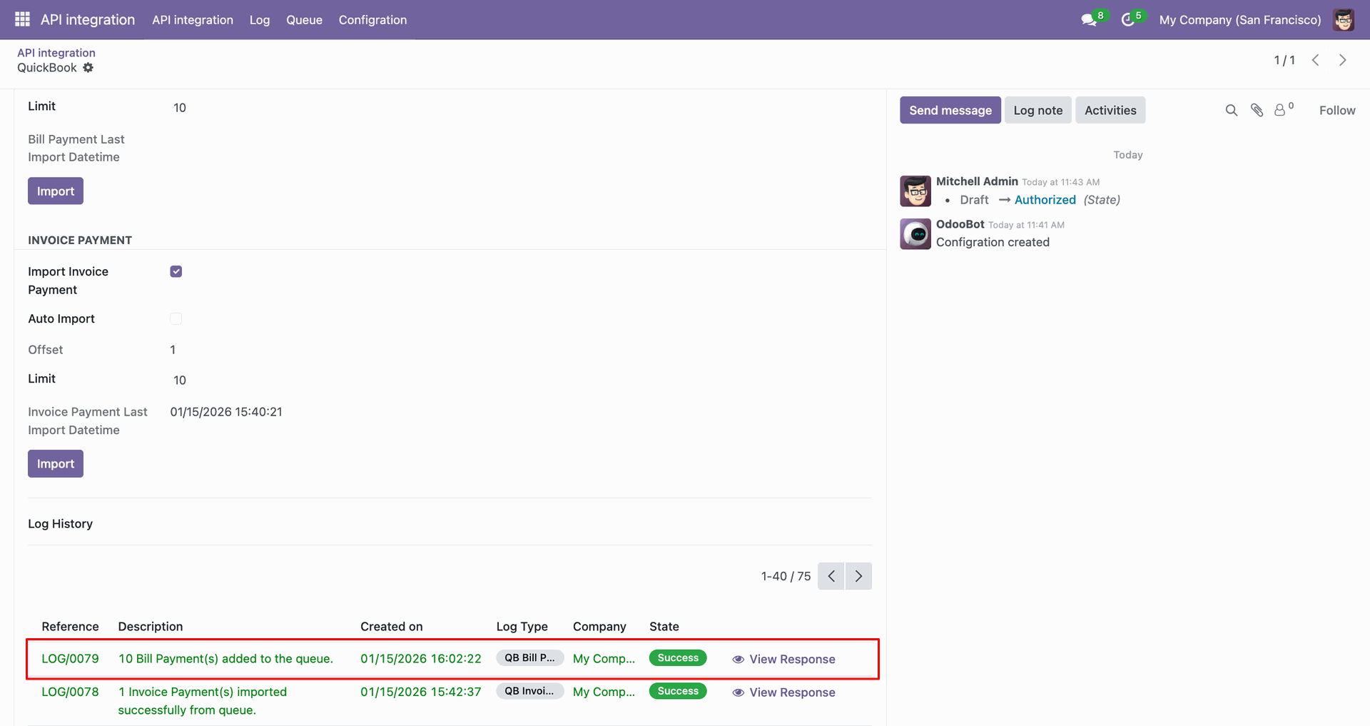 Bill payment import log showing synced data.