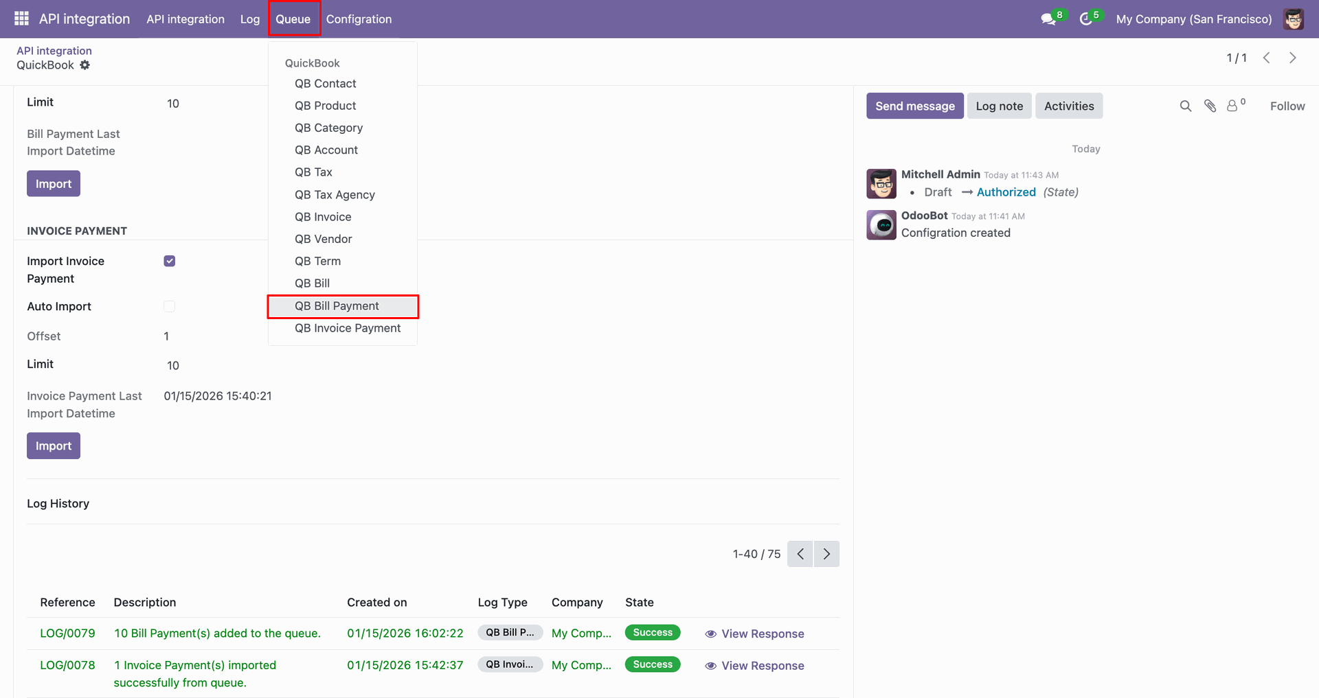 QB Bill Payment option selected from the Queue menu.