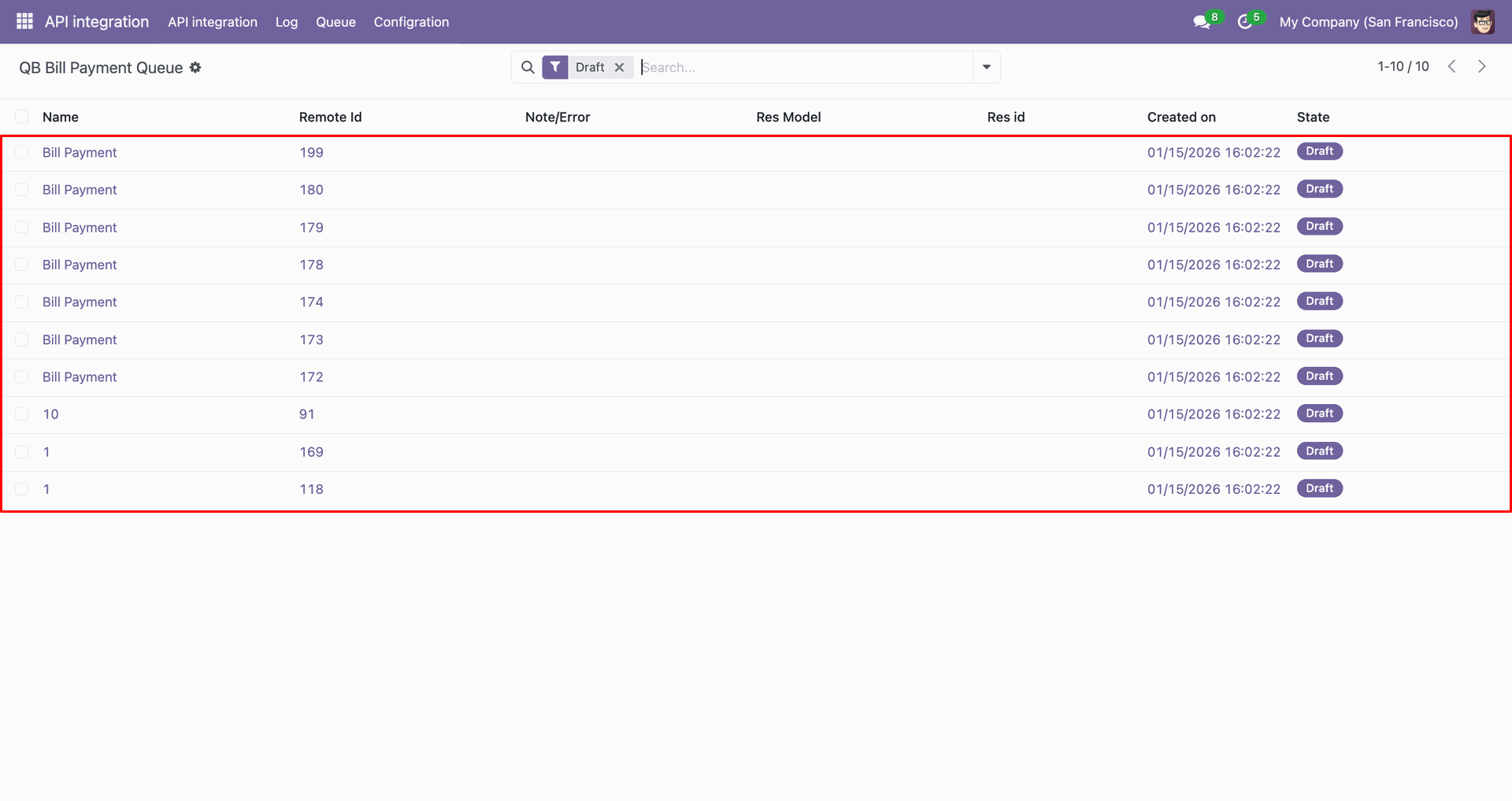 QB Bill Payment queue showing payment records.