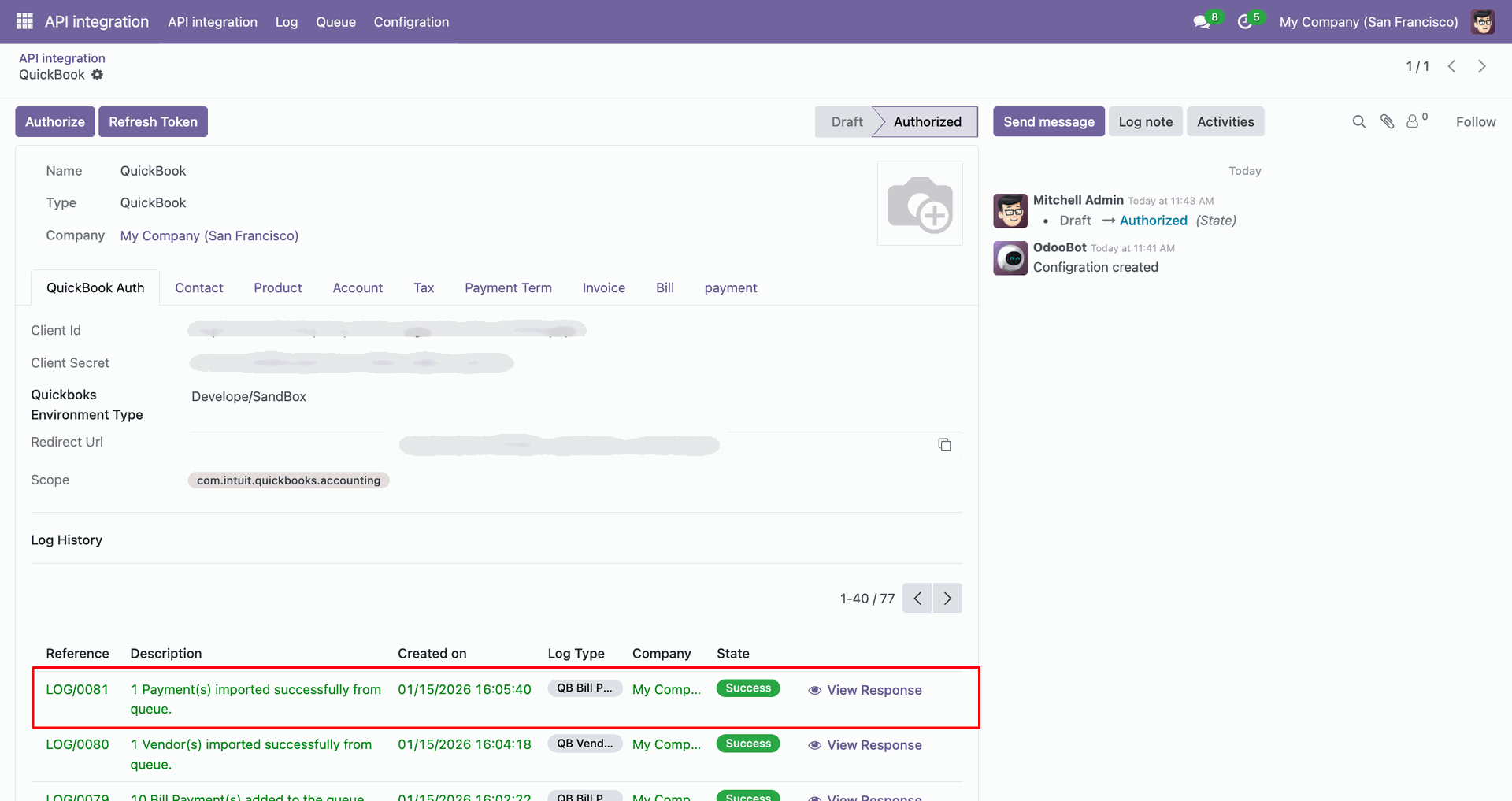 Bill payment synchronization log with details.