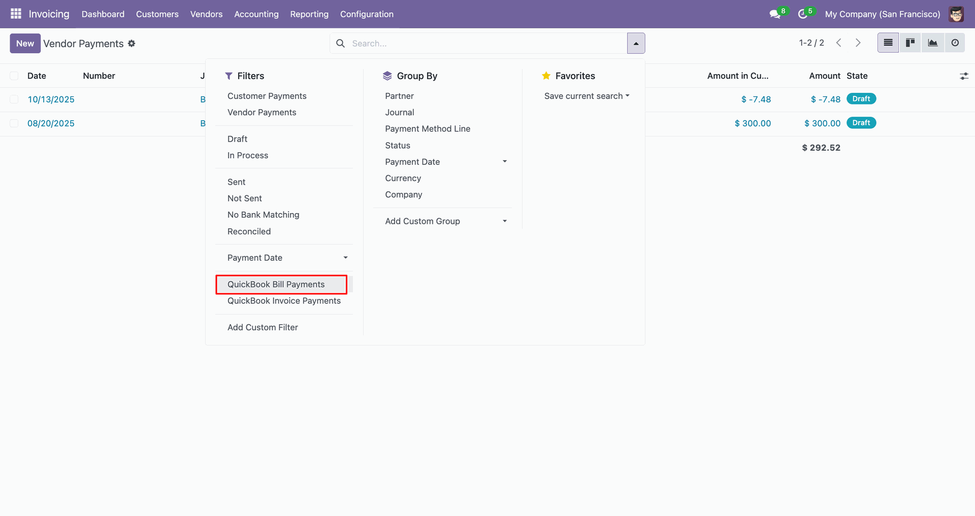 QuickBooks bill payment filter options.