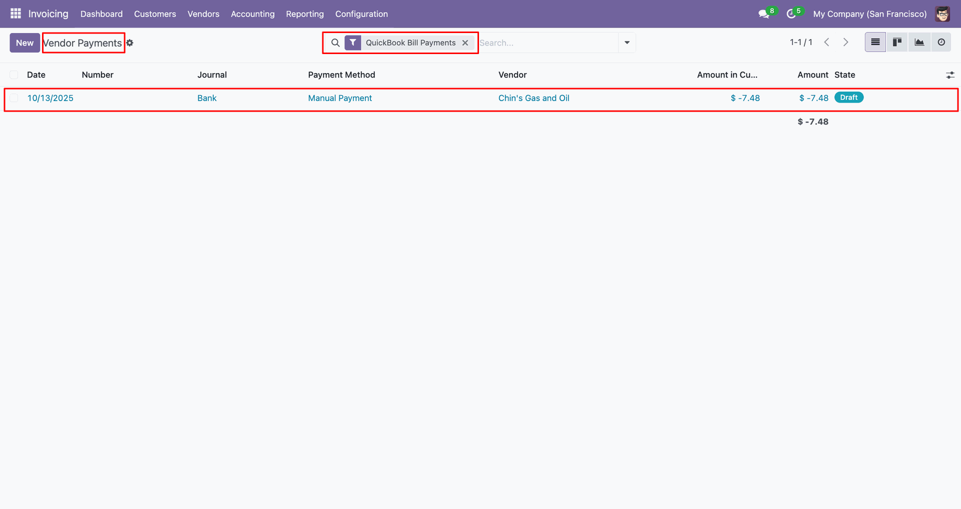 Filtered QuickBooks bill payment results.