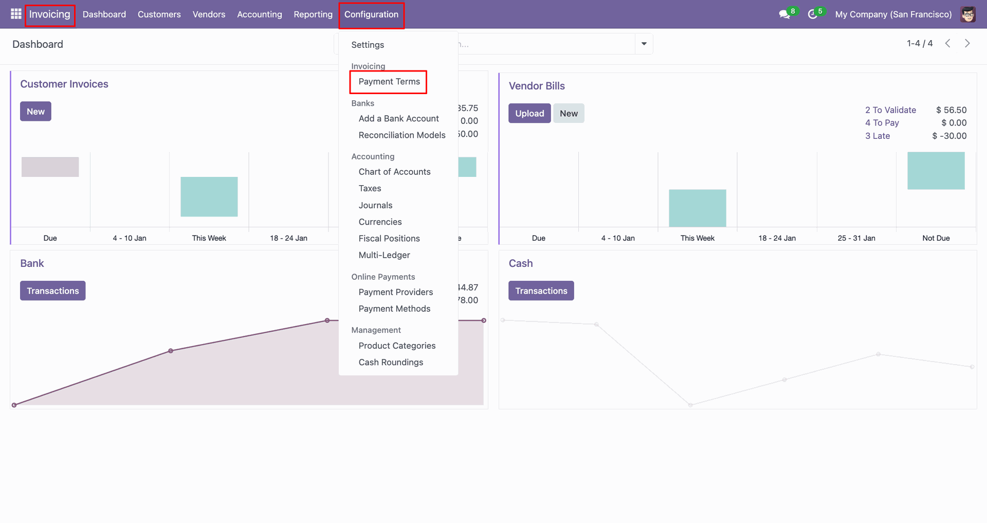 Payment Terms configuration menu in QuickBooks dashboard