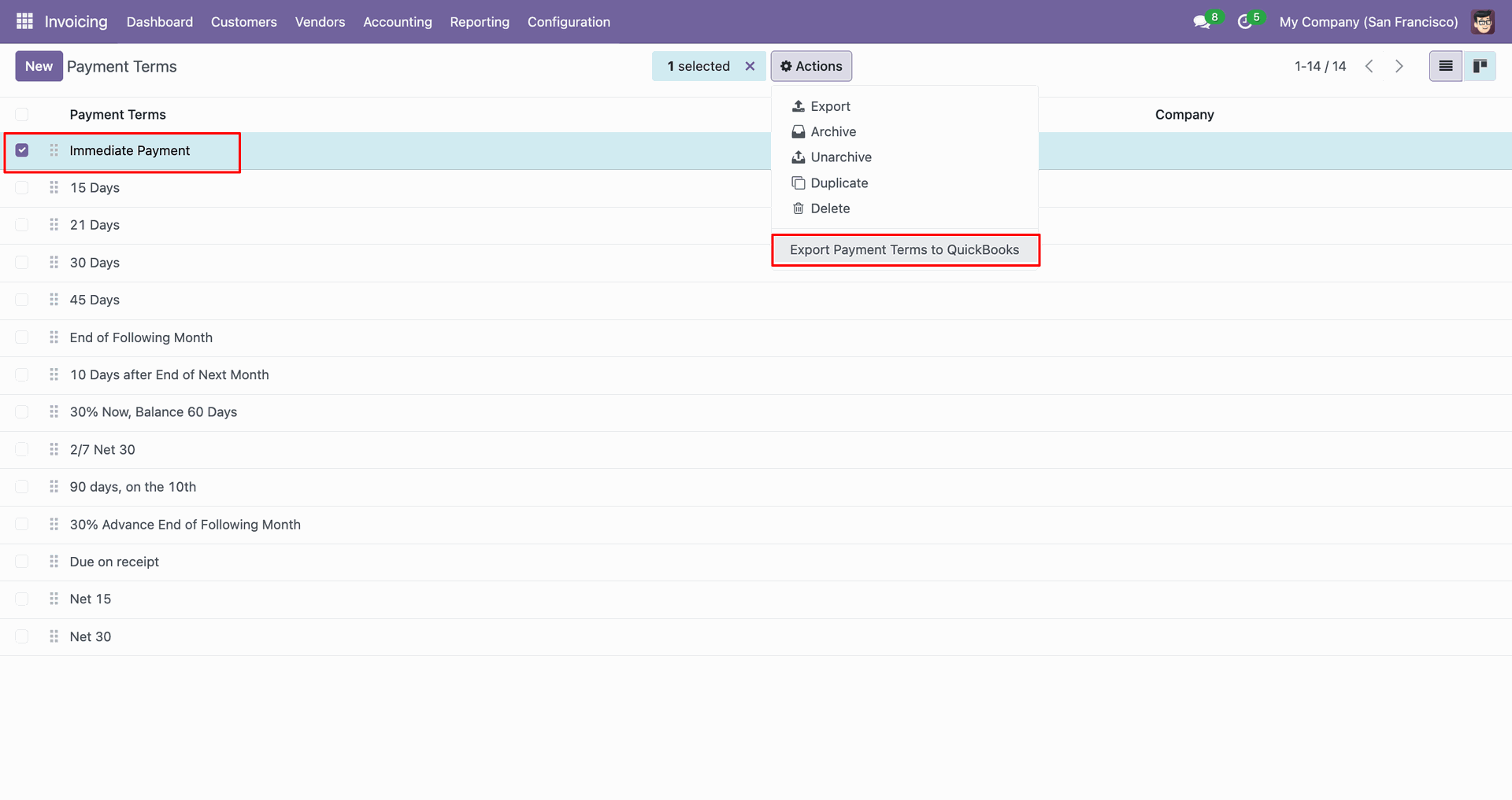 Payment Terms list view with export action in QuickBooks integration