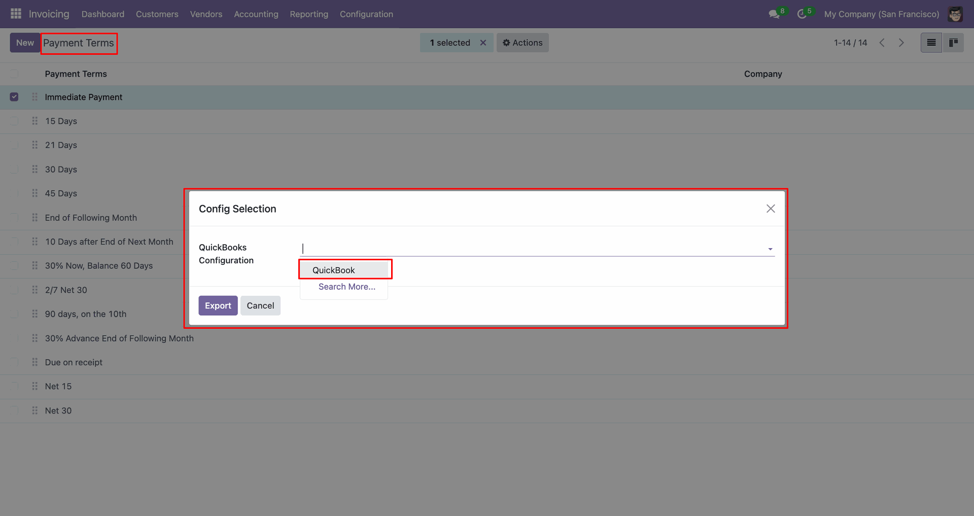 QuickBooks configuration selection popup for exporting payment terms