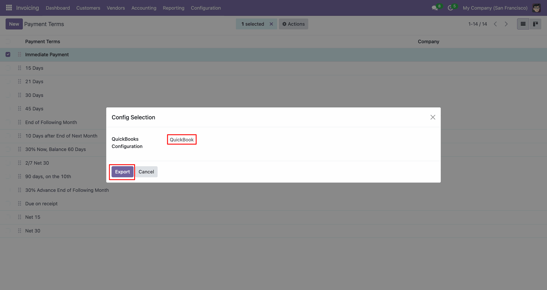 QuickBooks export configuration popup.